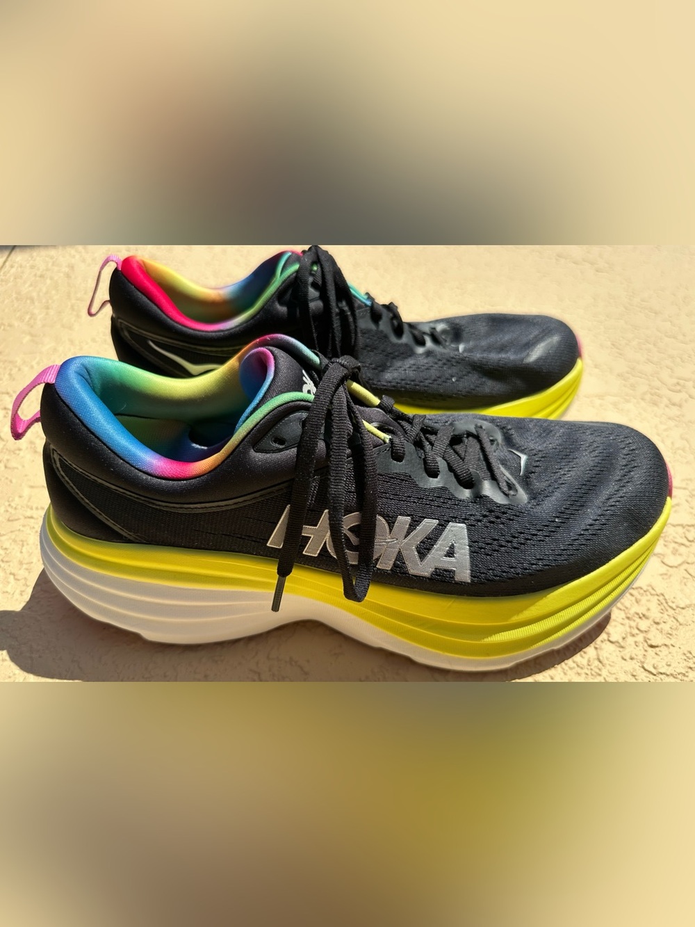 HOKA Bondi 8 Black/Citrus Glow (Rainbow) Running Shoes Mens Size 9.5 in VGC
